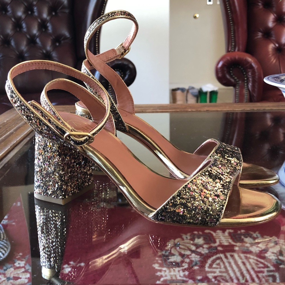 ASH | Gold Glitter Block Chunky Heel Strappy Shoes 7